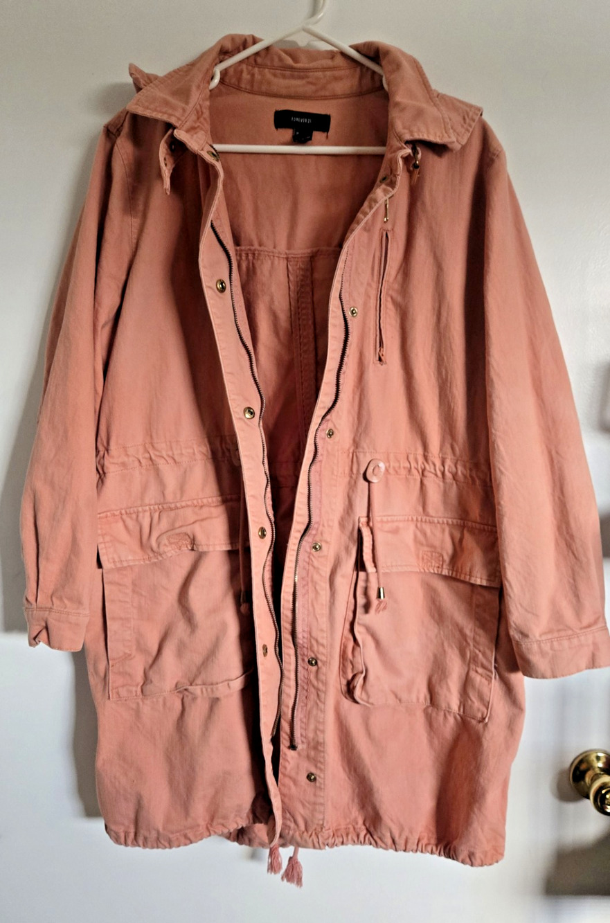 Forever 21 Pink Colored Raincoat Parka with Hood and Adjustable Waist Size L